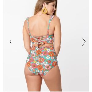 Unique Vintage Turquoise & Pink Floral Print Cape May Swim Bottom